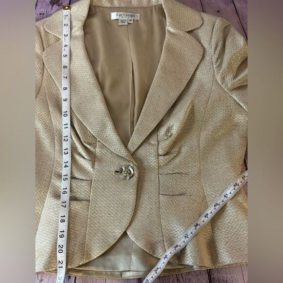 Kay Unger Cream Gold Tweed Silk Bodice Dress with Matching Silk Lined Jacket 10 - Picture 13 of 15
